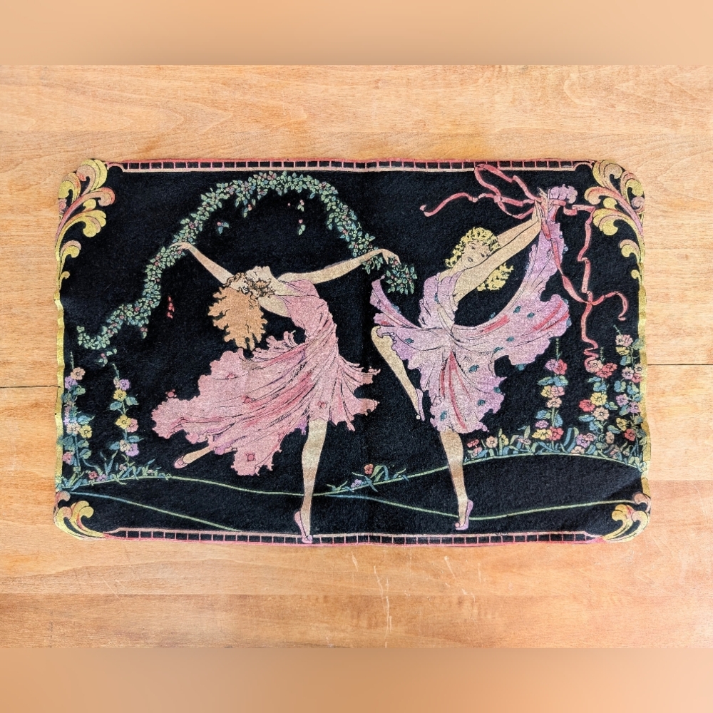 Art Nouveau Black Felt Hand Painted Dancing Women Dresser Scarf Table Runner